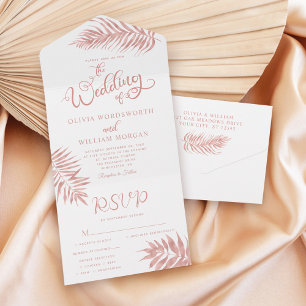 Invitation Tout En Un Rose de feuille tropicale Gold tout en un mariage 