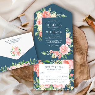Invitation Tout En Un Rose de jardin florale poussiéreuse bleu mariage r