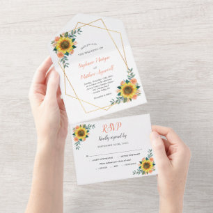 Invitation Tout En Un Rose de pêche de tournesol géométrique Mariage mod