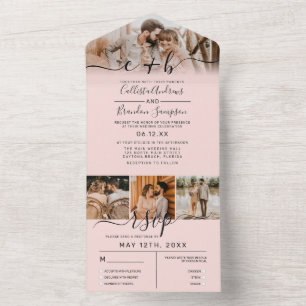 Invitation Tout En Un Rose Dusty Blush Rose Photo Monogramme Mariage RSV