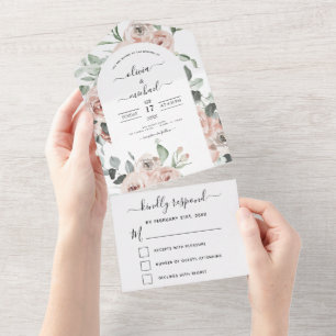 Invitation Tout En Un Rose Dusty - Mariage Floral Vert Sage