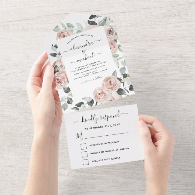 Invitation Tout En Un Rose Dusty - Sage Green Floral Wedding RSVP (Déchirure)