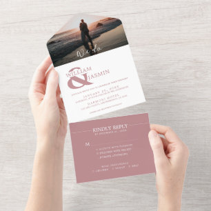 Invitation Tout En Un Rose Dusty tout simple en Mariage photo blanc