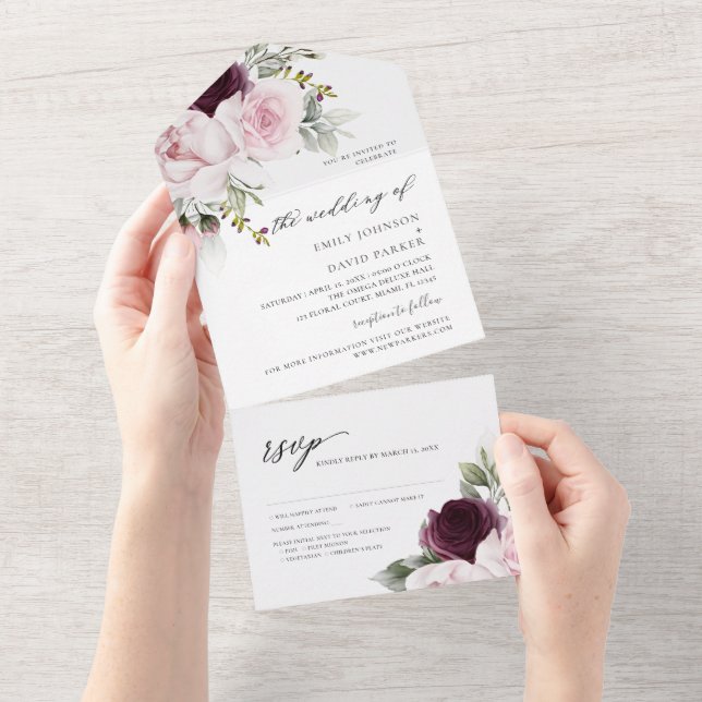 Invitation Tout En Un Rose floral | Mariage Rose de Bourgogne (Déchirure)