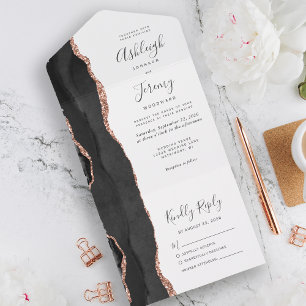 Invitation Tout En Un Rose Gold Agate Mariage Noir Moderne