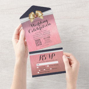 Invitation Tout En Un Rose Gold Blanc Ruban Rouge Diamant Mariage RSVP