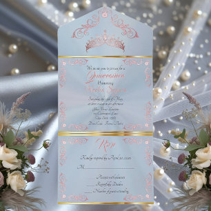 Invitation Tout En Un Rose Gold Bordure Vintage Quinceanera - Bleu Paste