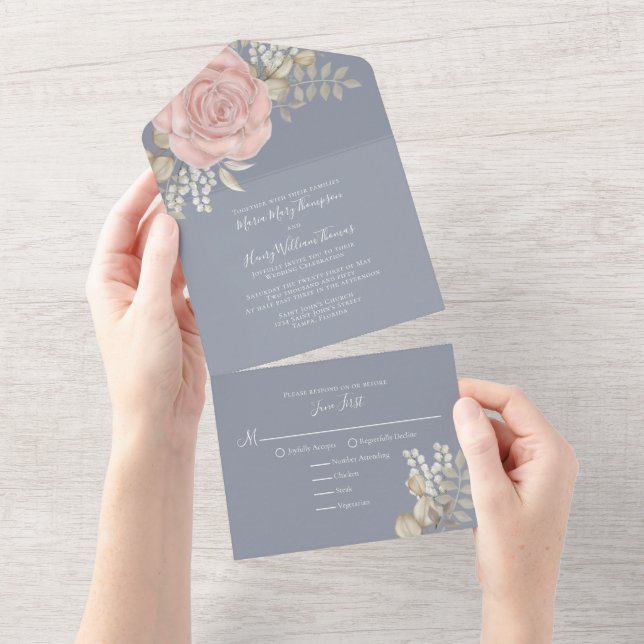 Invitation Tout En Un Rose Gold Elegant Aquarelle Floral Rose Folio (Déchirure)