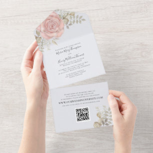 Invitation Tout En Un Rose Gold Elegant Aquarelle Floral Rose QR Code