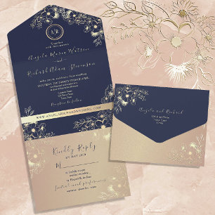 Invitation Tout En Un Rose Gold et Mariage bleu marine