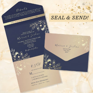 Invitation Tout En Un Rose Gold et Mariage bleu marine