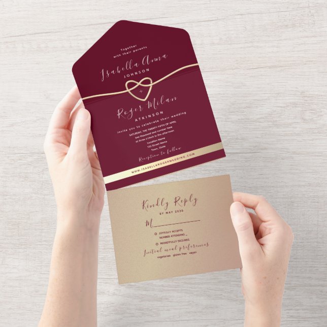Invitation Tout En Un Rose Gold et Mariage Bourgogne (Déchirure)