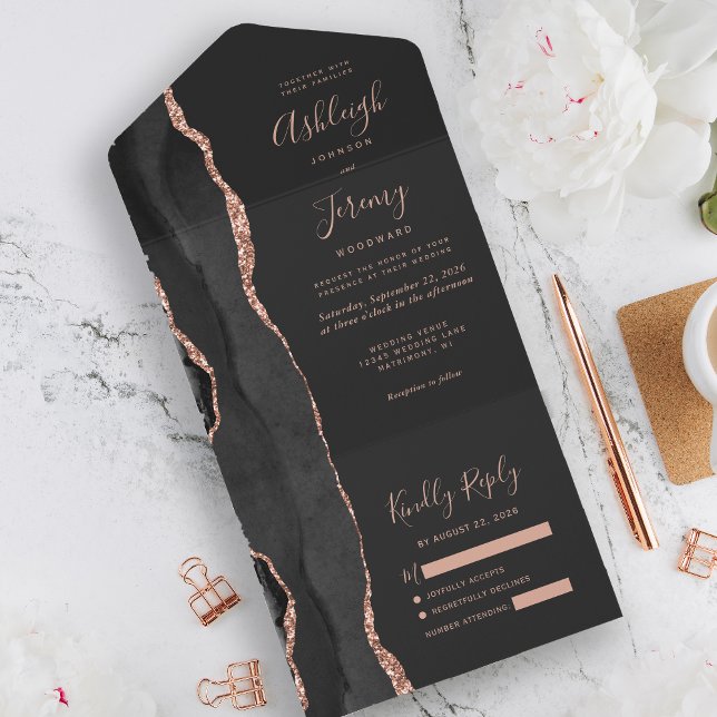 Invitation Tout En Un Rose noir moderne Or Agate Mariage foncé (Créateur téléchargé)