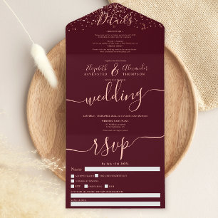 Invitation Tout En Un Rose or confetti burgundy script mariage