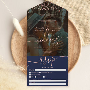 Invitation Tout En Un Rose or confetti marine bleu script photo mariage