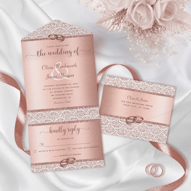 Invitation Tout En Un Rose or Elegant Parties scintillant Mariage damass (Créateur téléchargé)