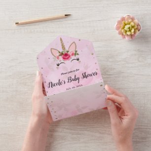 Invitation Tout En Un Rose & Or tendance tout en un Baby shower