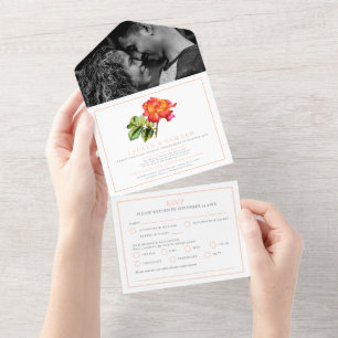 Invitation Tout En Un Rose orange bande d'aquarelle mariage RSVP options