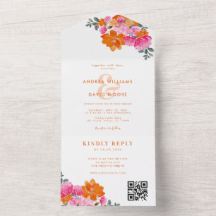Invitation Tout En Un Rose Orange Vibrant été Floral QR Code Mariage
