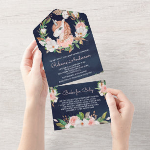Invitation Tout En Un Rose Pâle Floral Tricoté Licorne Bleu Marine Baby