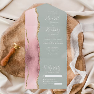 Invitation Tout En Un Rose Pâle Or Agate Vert Sauge Mariage