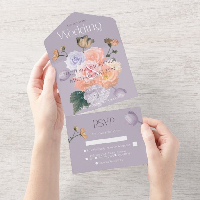Invitation Tout En Un Rose pâle violet Moderne Fleur de Mariage (Déchirure)
