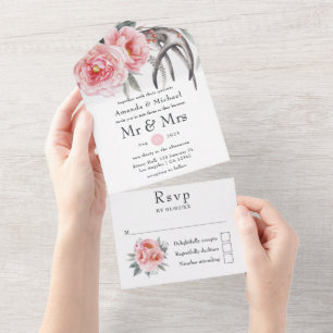 Invitation Tout En Un Rose pastel et gris mariage floral bohème