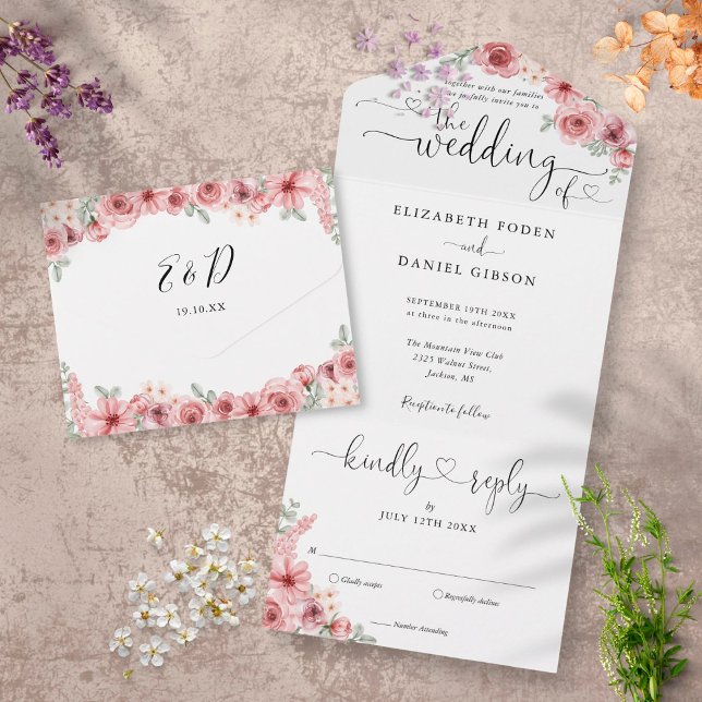Invitation Tout En Un Rose Poussiéreuse Floral Élégant Script Cœurs Mari (Créateur téléchargé)