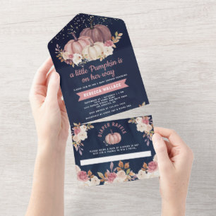 Invitation Tout En Un Rose Poussiéreux Fleurs Rose Navy Citrouille Baby