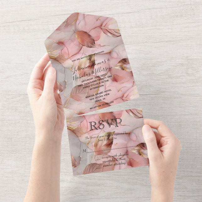 Invitation Tout En Un Rose romantique Blush Pink Gold Leaf Mariage (Déchirure)