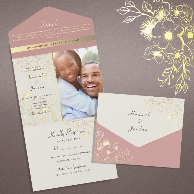 Invitation Tout En Un Rose rose Dusty Boho Floral Mariage (Créateur téléchargé)