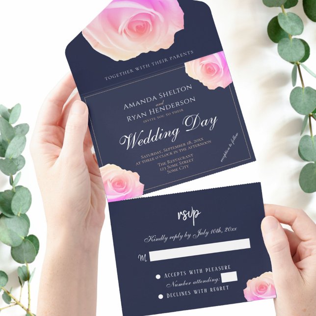 Invitation Tout En Un Rose rose mariage bleu marine floral  (Créateur téléchargé)