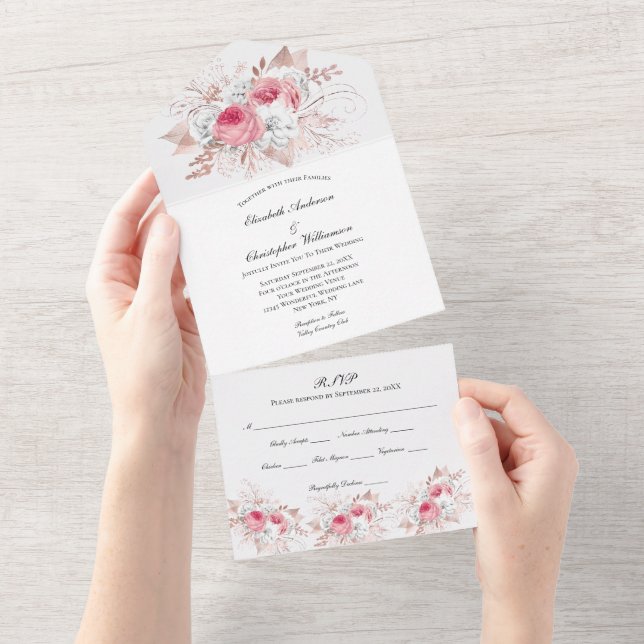 Invitation Tout En Un Rose Rose Rose Mariage Floral Or (Déchirure)