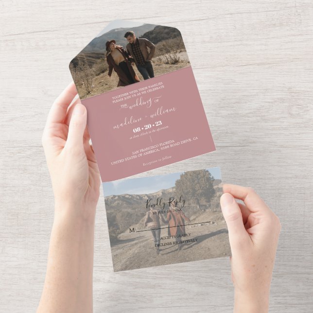 Invitation Tout En Un Rose simple Dusty Blush Mariage photo tendance (Déchirure)