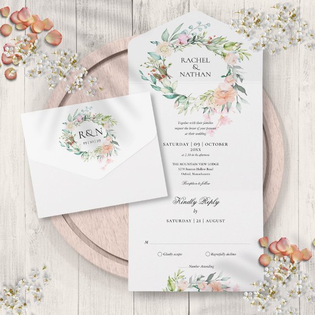 Invitation Tout En Un Rose verdure Floral Monogramme Mariage (Roses Greenery Floral Monogram Wedding All In One Invitation)