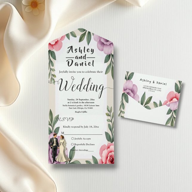 Invitation Tout En Un Rose violet Roses Couple Aquarelle Mariage Floral (Créateur téléchargé)