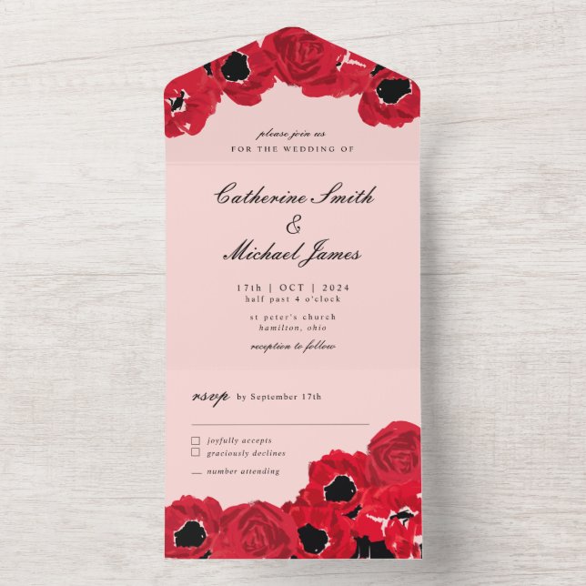 Invitation Tout En Un Roses Abstraits et pavots (À l'intérieur)
