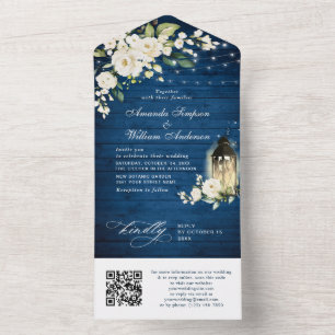 Invitation Tout En Un Roses blanches Code QR Mariage en bois bleu
