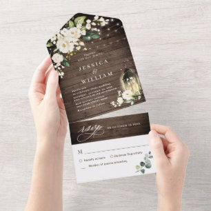 Invitation Tout En Un Roses blanches Mariage d'aquarelle en bois rustiqu
