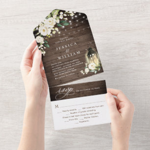 Invitation Tout En Un Roses blanches Mariage d'aquarelle en bois rustiqu
