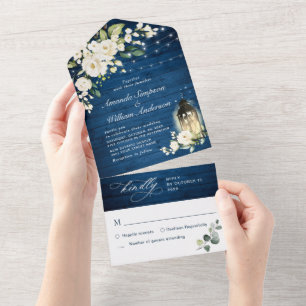 Invitation Tout En Un Roses blanches Mariage de lanterne en bois bleu