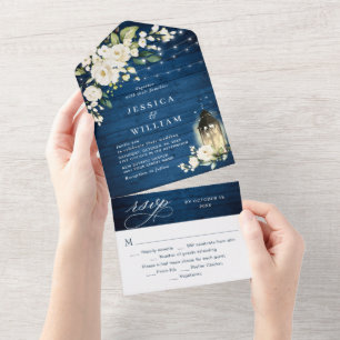 Invitation Tout En Un Roses blanches Mariage de lanterne en bois bleu