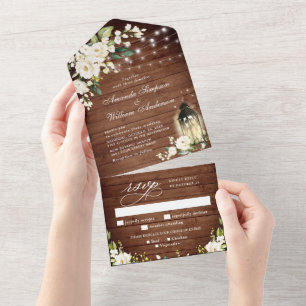 Invitation Tout En Un Roses blanches Mariage de lanterne en bois rustiqu