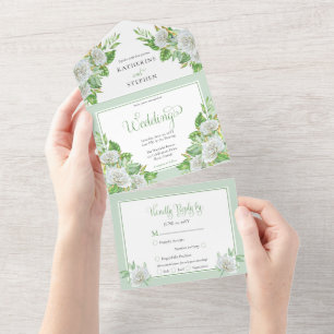 Invitation Tout En Un Roses blanches   Mariage Floral Boho verdoyant