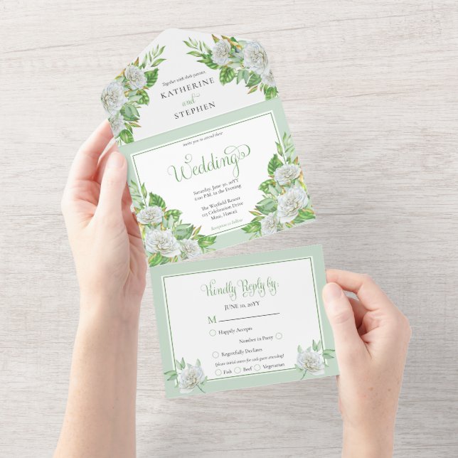 Invitation Tout En Un Roses blanches | Mariage Floral Boho vert (Déchirure)