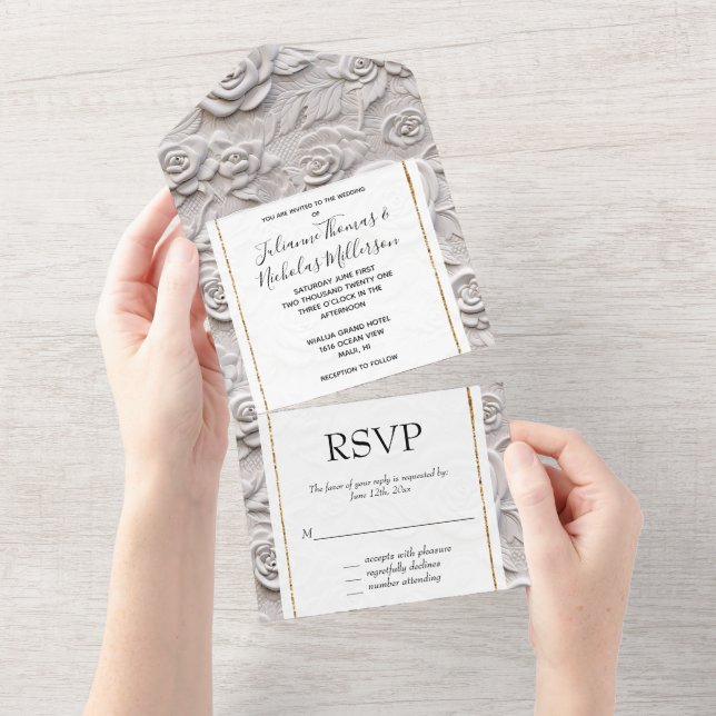 Invitation Tout En Un Roses blanches romantiques Faux Mariage en cuir (Déchirure)