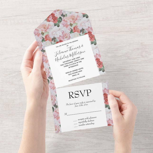 Invitation Tout En Un Roses blanches roses rouges Mariage floral (Déchirure)