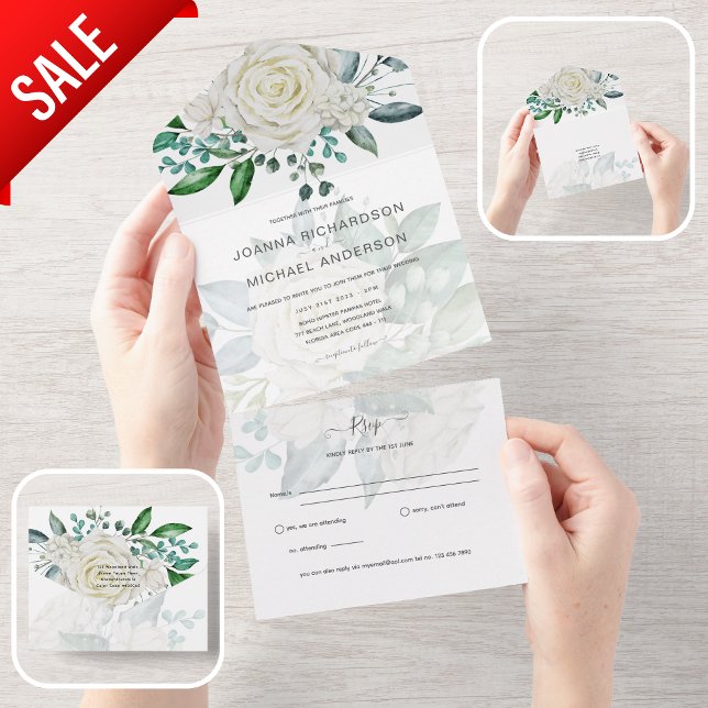 Invitation Tout En Un Roses blanches tout compris Mariage Floral RSVP (Créateur téléchargé)