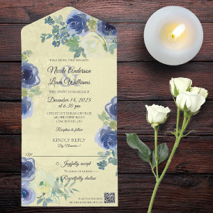 Invitation Tout En Un Roses bleu et ivoire sur jaune pâle avec code QR