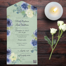 Roses bleus et ivoire sur Sage Green avec code QR